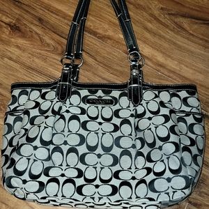 Coach F15146 Gallery Signature Leather Trim Tote Bag Black and Ivory